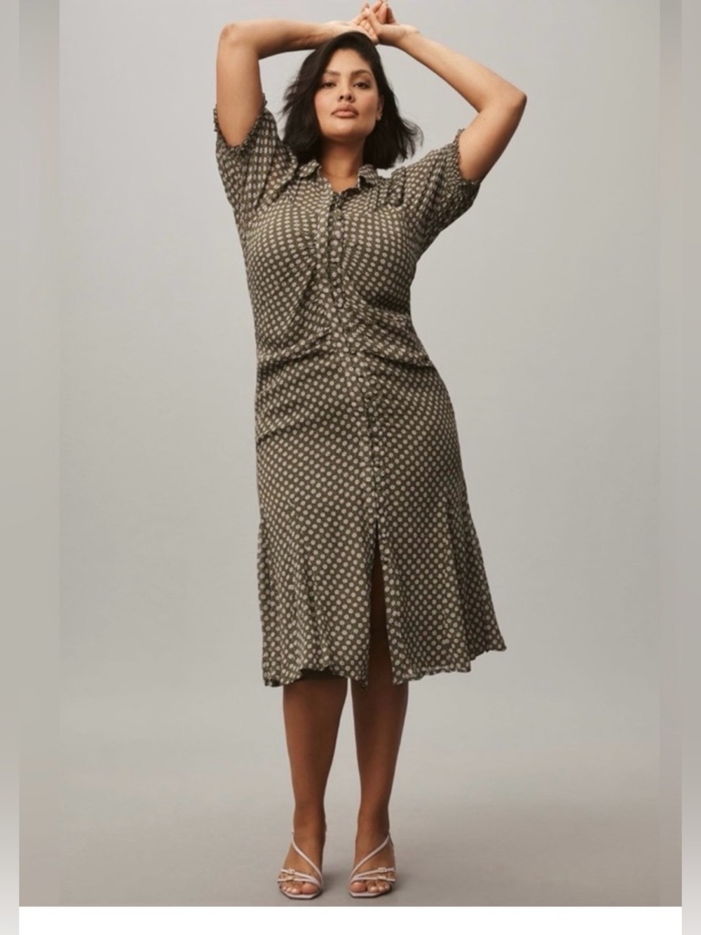 NWT Anthropologie Button Front Puff Sleeve  Midi Dress - Moss Green Floral 0‎